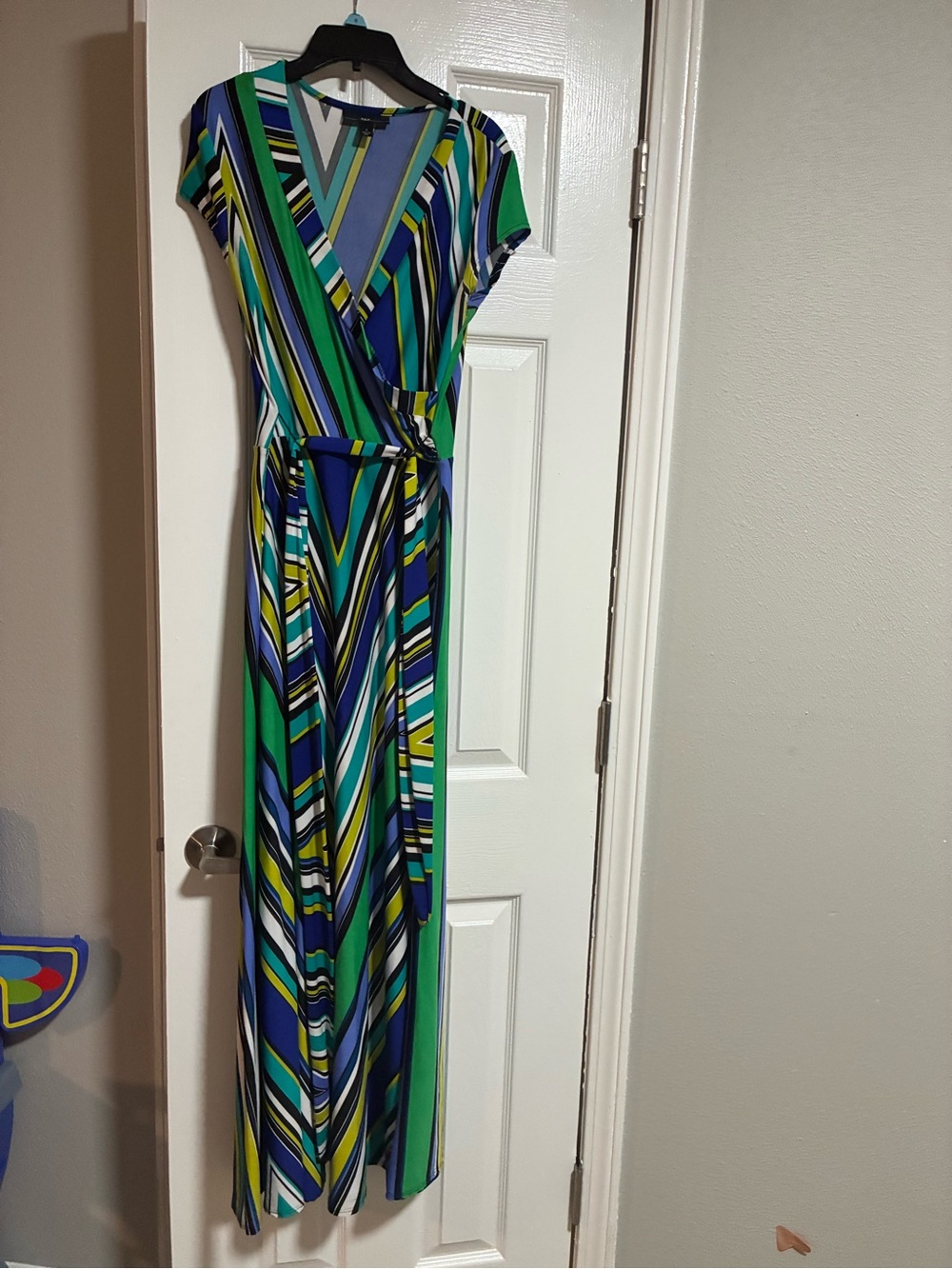 Striped V-Neck Wrap Maxi Dress in Blue & Green